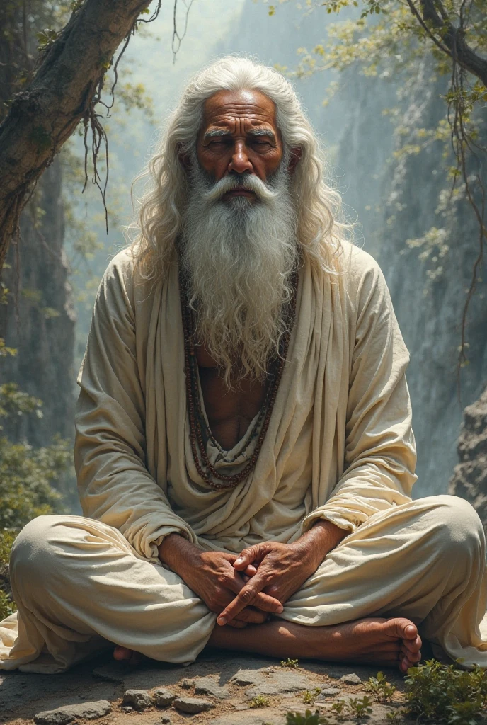 A 60 year old Sadhu is sitting in the middle of a forest, with five 40 year old Sadhus standing with folded hands, whose hair is white, skin is fair, clothes are saffron.  captured in an ultra-realistic full HD 4K portrait, detailed texture showing its menacing shape, Immersive atmosphere, high definition shadow play, digitalpainting, nevoa no environment.