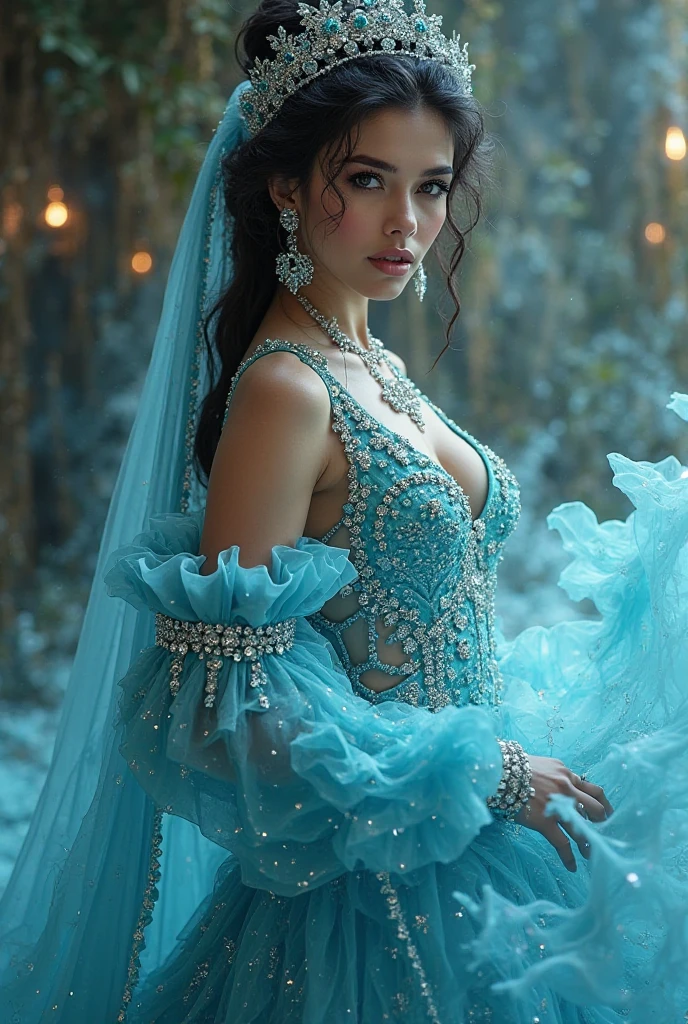 A beautiful Snow goddess surrounded by crystalized flowers in a winter wonderland, she is dressed in gorgeous silks that wrap around and frame her body dynamically, cool color pallet, dynamic pose, erotic, gorgeous jewelry.