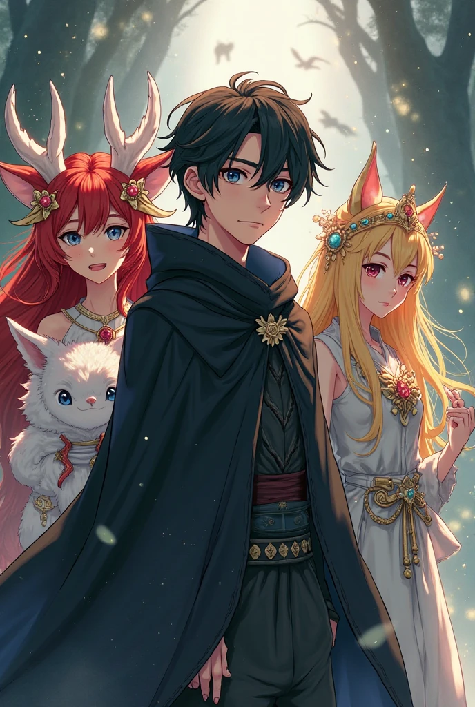 A young boy 27 years old, with big eyes, black hair, wearing a black cloak, at his side a female dragonborn with red hair, One a white-furred kitsumi, and a blonde Female Demon of Wealth ,Anime art