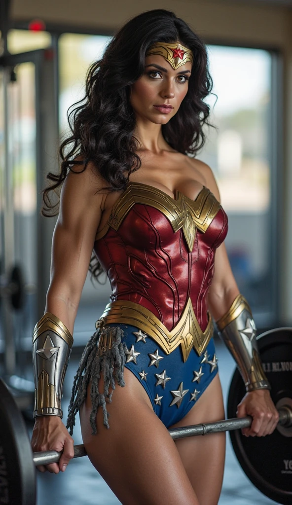 1woman, Wonder Woman, (intricate details, makeup), (delicate and beautiful delicate face, delicate and beautiful delicate eyes, perfectly proportioned face), (realistically moist skin: 1.0), (drenched body: 0.5), (wet skin), wet hair, delicate skin, strong and realistic blue eyes, realistic black hair, lips, makeup, natural skin texture, tiara, jewelry, star \(symbol\), leotard, bulletproof gauntlet, red boots, golden girdle, (public clothing: 1.5), bare shoulders, slightly sunburned complexion, mature, sexy, toned muscles, (muscles:1.2), ((strong and healthy body)), ((((more) muscles))), long legs, curves, (big breasts: 1.3), thin waist, soft waist, (delicate skin), (beautiful and sexy woman), (swollen lips: 0.9), very delicate muscles, standing,(realistic: 1.5), photorealistic, octane rendering, hyperrealistic, tight modeling, (photorealistic face: 1.2), thick eyelashes, long eyelashes, (curly dark hair: 1.1), best quality, half smile, (looking at the viewer), sharp focus, (4k), (masterpiece), (best quality), fantasy, extremely detailed, intricate, hyper detailed, (perfect face), illustration, soft lighting,(specular lighting:1.4), blue eyes, absurdly photorealistic, ultra high resolution, intricate, hyperdetailed, (skindentation), female, detailed body, (detailed face: 1.1), (outlined iris), (hydrocolor lenses), (perfect eyes), 4k, gorgeous, (masterpiece: 1.2), (best quality:1.2),