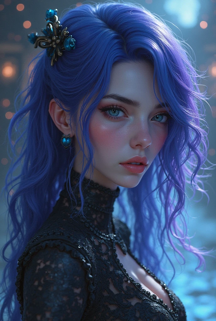beautiful girl, half body portrait, short bright blue dishevelled hair, blue eyeshadow, cleavage, (city night background:1.2), dark makeup, digital art, trending on artstation, highly detailed, fine detail, intricate,  beautiful detailed glow, detailed, good lighting, high-res, detailed facial features, sharp focus, smooth, aesthetic,