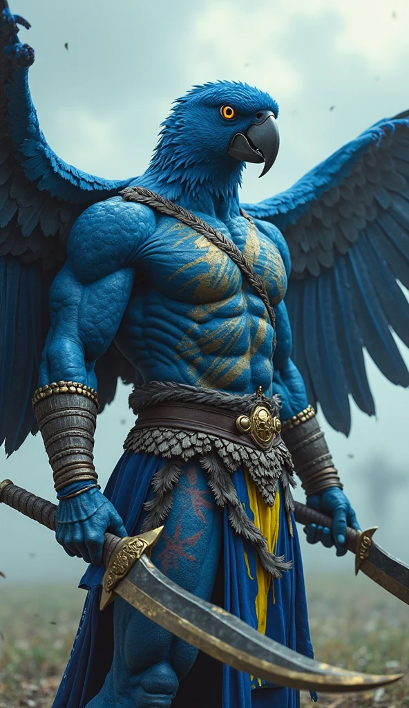 Barbarian with an owl head; Evil characters; Only the upper body is shown; Game character illustration; masterpiece, ((ultradetailed)),intricate (high detail:1.1) unrealengine,highest quality,There is a pair of wide wings that wrap around the whole body,Side view lens,Dungeon style background,The right hand holds a rapier in his right hand