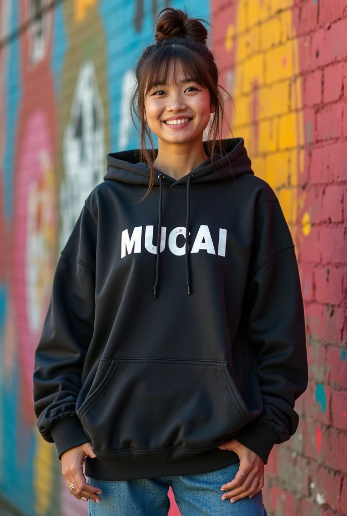 a full body picture of woman, wearing blue hijab, black hoodie write "MUCAI" on long cut hoodie and blue jeans, back ground is colorful, vibrant, ((Masterpiece, Top Quality, High Resolution, Photorealistic, Raw, 8K)), standing and facing forward, smilling