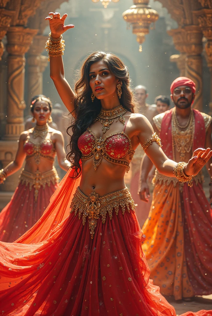A hot girl dancing along with 4 5 males in indian hot half saree with good figure showing