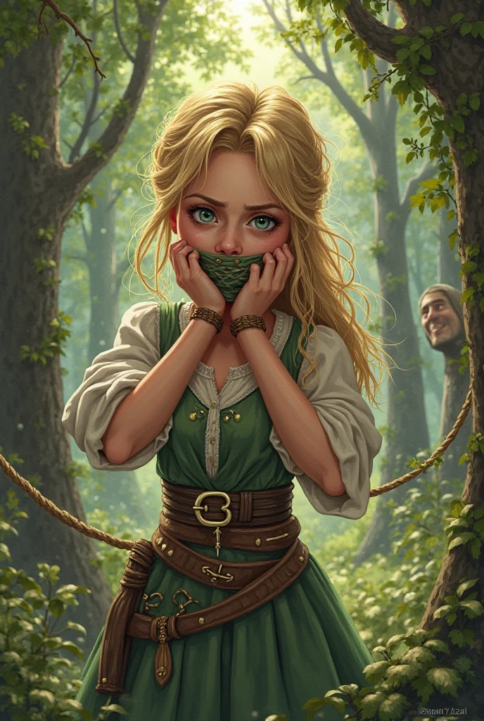 Generate an image of an enchanting female handgunner sorceress. She combines the rugged charm of a sharpshooter with the mystical allure of a spellcaster. Clad in a sleek, form-fitting outfit that blends leather and magical fabrics. Her long, flowing hair dances with sparks of magic, and her piercing eyes captivate with a bewitching glow. hogtied&gagged, (otm gag:1.5), laying on stomach, in a moonlit forest clearing, she exudes an aura of deadly precision and irresistible allure, ready to cast spells and fire enchanted bullets with equal prowess. Inspired by the works of (Annie Leibovitz:1.4) and (Thomas Kinkade:1.3).