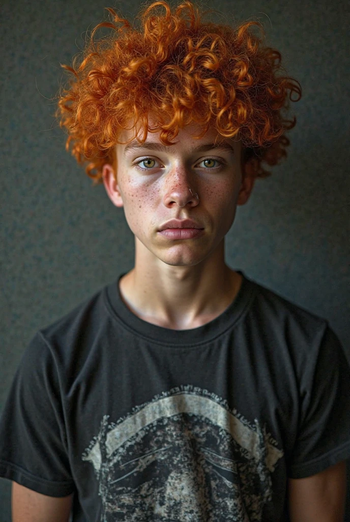 Shirtless ginger male teenager, with freckles on face and shoulders, with green eyes, wearing jeans 