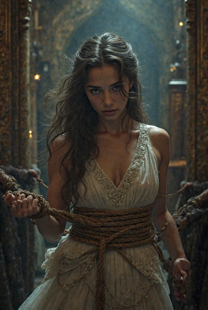 Bound and thrown to the ground, a woman radiates vulnerability in a fantastical setting. Her tattered dress is written with the letters Naragata which sticks to her bruised skin, her hair tangled and disheveled. The scene is depicted in stunning photography, showing intricate detail and vivid colors. captures the desperation and strength in his eyes, making the viewer feel the intensity of his situation. This masterful image combines beauty with confusion, immersing the audience in a powerful narrative.