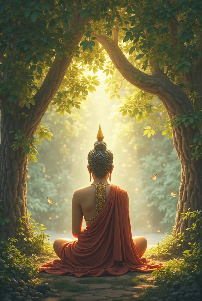 A serene and focused yogi in red cloth sitting cross-legged in a meditative posture, with an aura of light surrounding him. His expression should be calm and determined, symbolizing inner strength and self-control. In the background, there can be a subtle transition from material symbols like gold coins, books, and professional tools on one side, to spiritual symbols like a temple, a lotus flower, and a bright, divine light on the other side. The setting should blend nature, with soft light filtering through trees, creating a peaceful and balanced atmosphere.