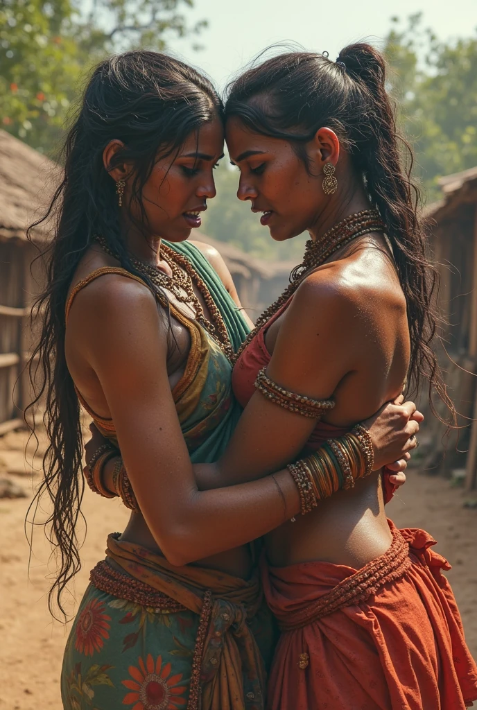 Two bollywood lesbian catfight hair pulling in mud full body in mud stare each other angry noses touching rolling together
