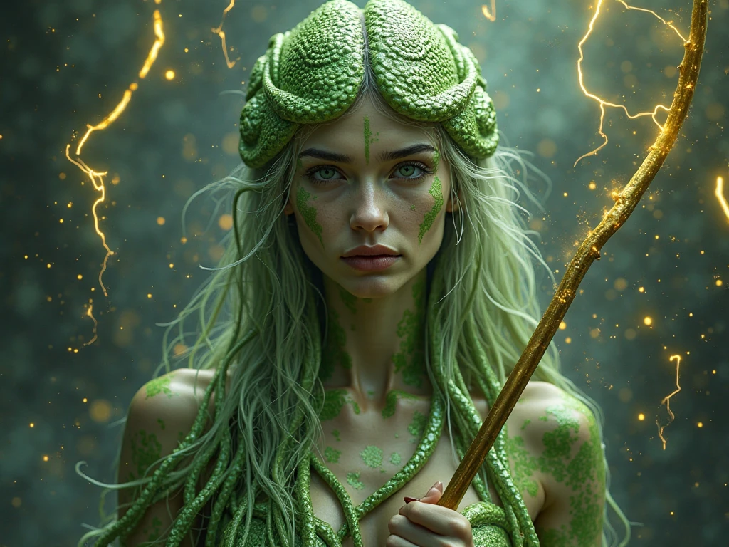 (Realistic:1.5), Photorealistic, RAW photo, Analog Photography Style, Depth of field, ultra-detailed photo of Jellyfish, (hairsh, consisting of countless snakes), Detailed green eyes, dark makeup, gorgeous woman&#39;s face, detailed photorealistic feces, goddess aura, Artstation, bioluminescense, natural shadows, warm filter, cinematiclight, Professional photography, Canon F1 lens.4, 16k