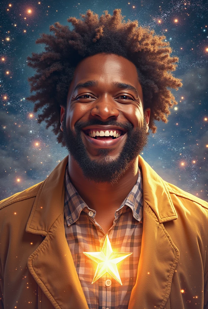 Old black chubby bald black man , golden crowd with white stars glasses with short black beard with galaxy background using white shirt with black stripes and black shield with white boards with a white star in the middle