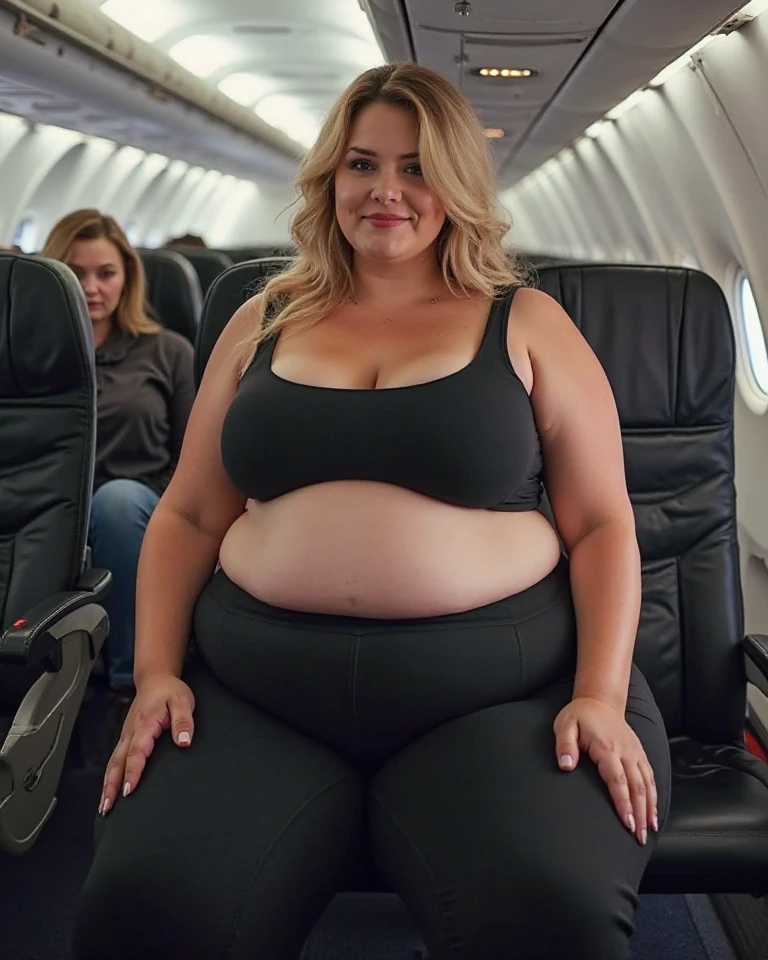 A plane passenger detailed photo of a Beautiful ginger SSBBW, with long wavy ginger hair, with big soft fat belly, thicc fat arms, thicc wide legs, big breast, in a cute green top tucked in her pants, and black pants, at airport waiting alone for the plane, with a suitcase next to her