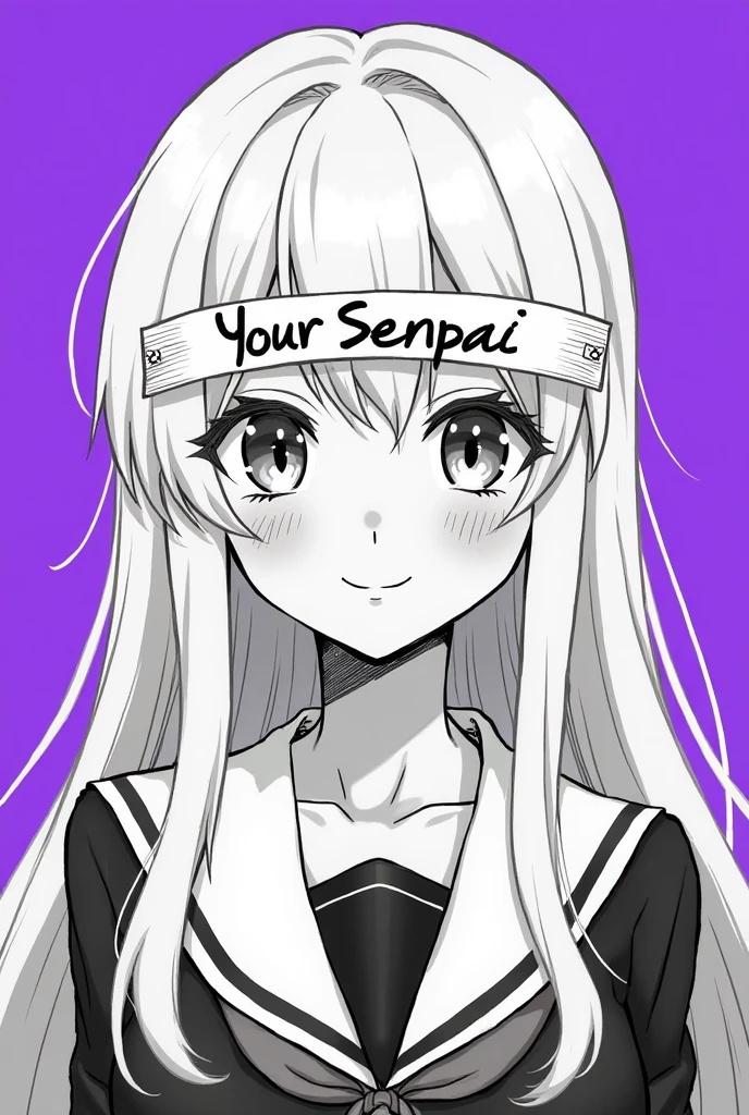 Monochrome manga style portrait of a cute anime girl. Long, white hair. Sweet, welcoming smile. A banner over her eyes reads “Your Senpai” in black ink. Senpai uniform. Dramatic lighting. Vivid purple background. 2D, avatar, sharp focus, beautiful.