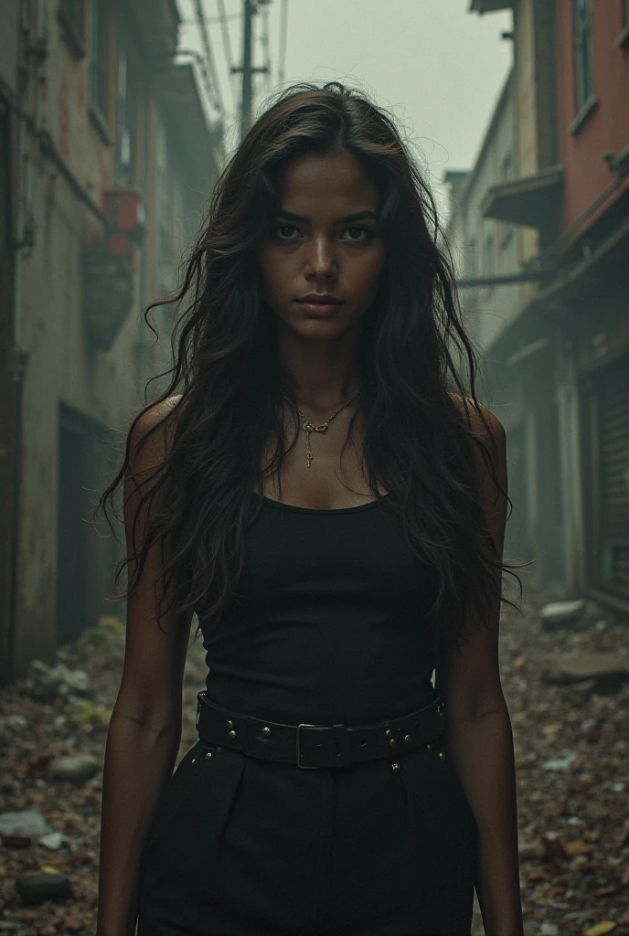 masterpiece, a beautiful Brazilian girl of 24 years in a favela of Sao Paulo fighting in urban war, She fights in a war of urban gangs Brazilian. holding a revolver, Fighting posture, debris and garbage everywhere, Gang war drama, half-body shooting, very hot day, Beautiful Brazilian face, a woman in black outfit holding a gun in an alley, Location ( favela _ wall ), photograph of a woman techwear, urban fantasy style, beautiful woman, posing in an urban street, beautiful cyberpunk woman model, beautiful woman assassin, urban fantasy, detective, gothic city streets behind her, in a post-apocalyptic city, Thief, 16k, ultra high resolution.Photorealistic, UHD, RAW