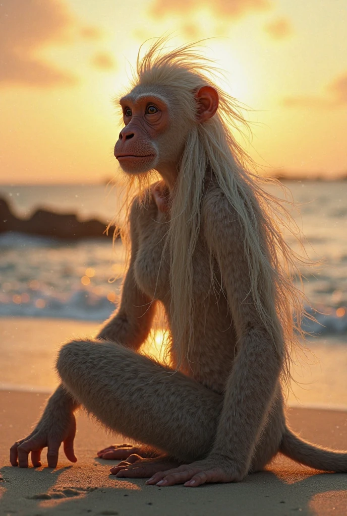 Best quality, ultra high resolution, looking for one girl, oiran bikini, cute, (charming monkey: 1), (platinum blonde hair: 1), (puffy eyes)), looking observer side, full body, front facing