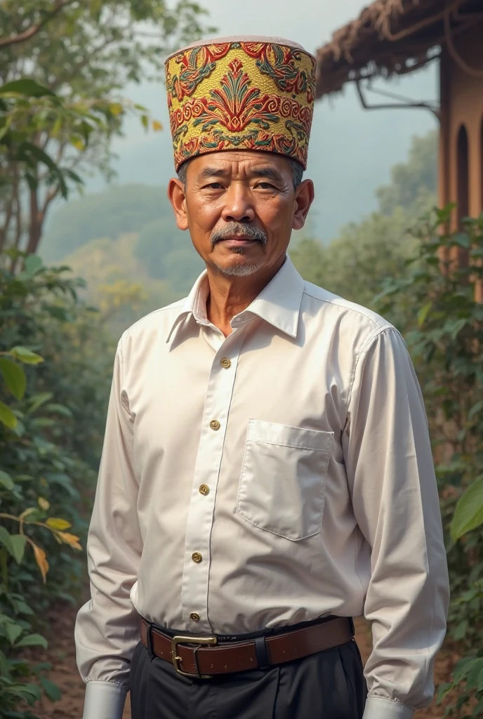 arafed man with a white hat and a white shirt, barong family member, portrait of an old, portrait of a old, photo of a man, 3 5 mm portrait, indigenous man, a photo of a man, potrait, portrait of monk, inspired by I Ketut Soki, bali, portait image, color portrait