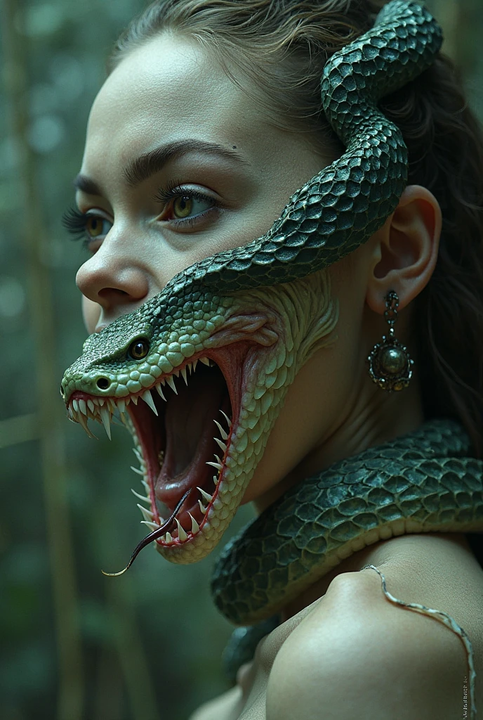 "Create a dramatic thumbnail featuring a giant anaconda in the act of swallowing a person, with the person partially visible inside the snake's mouth, showing fear and struggle. Use vibrant colors, high detail, and intense lighting to emphasize danger and urgency. Add a jungle background for context."

