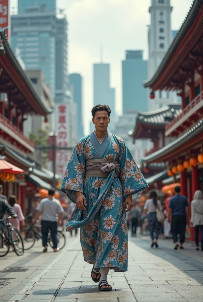 Realist:1.3,( photograph, Realist, 8k, RAWphotograph, Premium Quality, masterpiece, Spectacular lighting, Centered Images), (Held in both hands2Fighting with the sword of books, Two-Way), (whole body), (Young people), (Disheveled brown long hair), (Wearing a Japanese kimono), (ハンサムな日本のYoung people, Confident、Trained muscles., Wild man and body with perfect details), cyber punk, bad, barefoot, Samurai, Tokyo, Shibuya Ward,