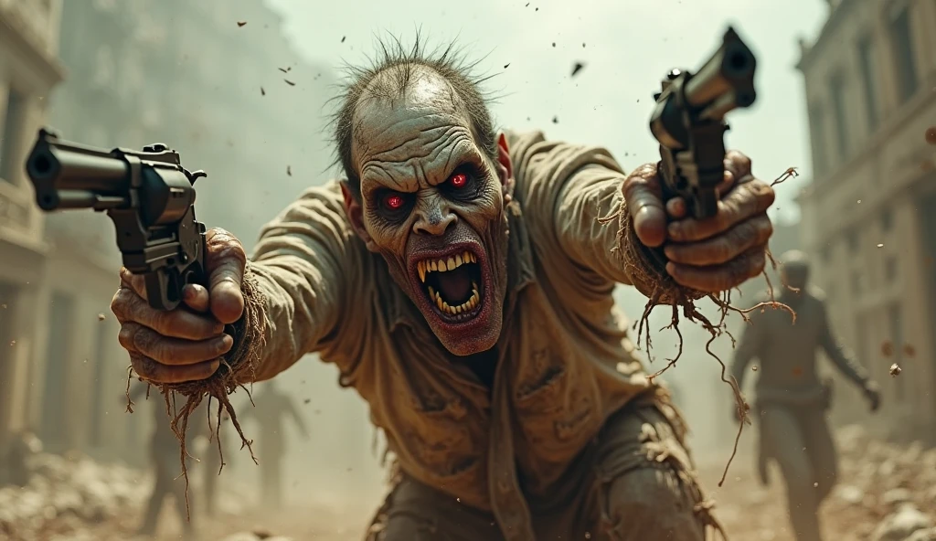 Shouting zombie running with tow revolvers hd zoom - SeaArt AI