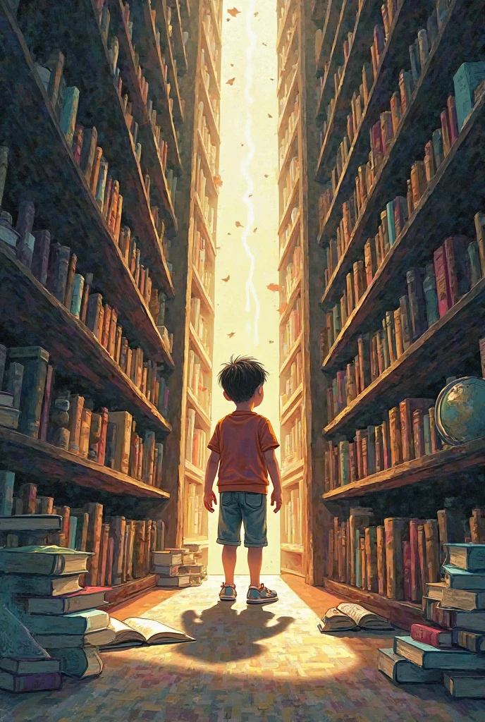 A boy reading books,/ has no freedom,/ other kids playing,/ stock in a room with a pile of books