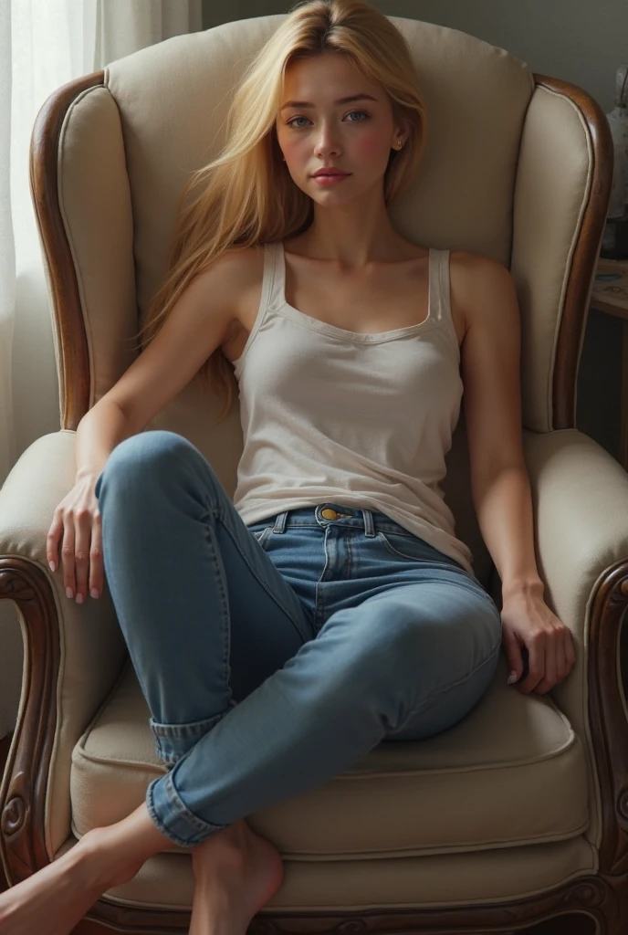 Create a 17 year old boy with blonde hair, androgynous face and body with topless female breasts No muscles, wearing jeans and black sneakers, sitting on a sofa 
