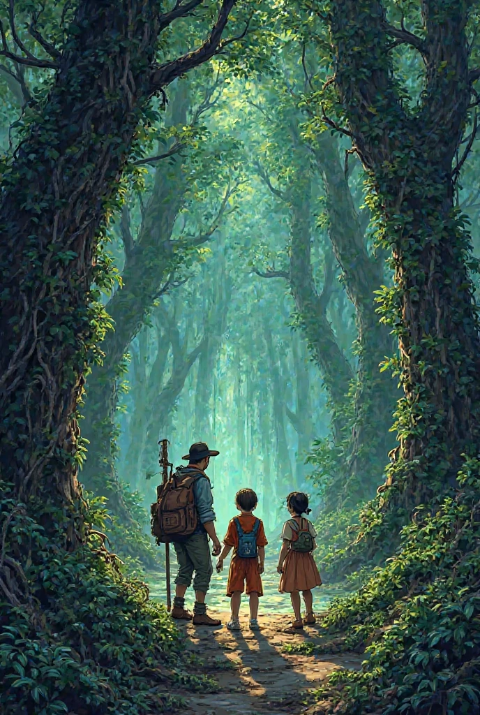 three boys walking in a slightly shady forest, one of the boys carries a treasure map. --auto --s2