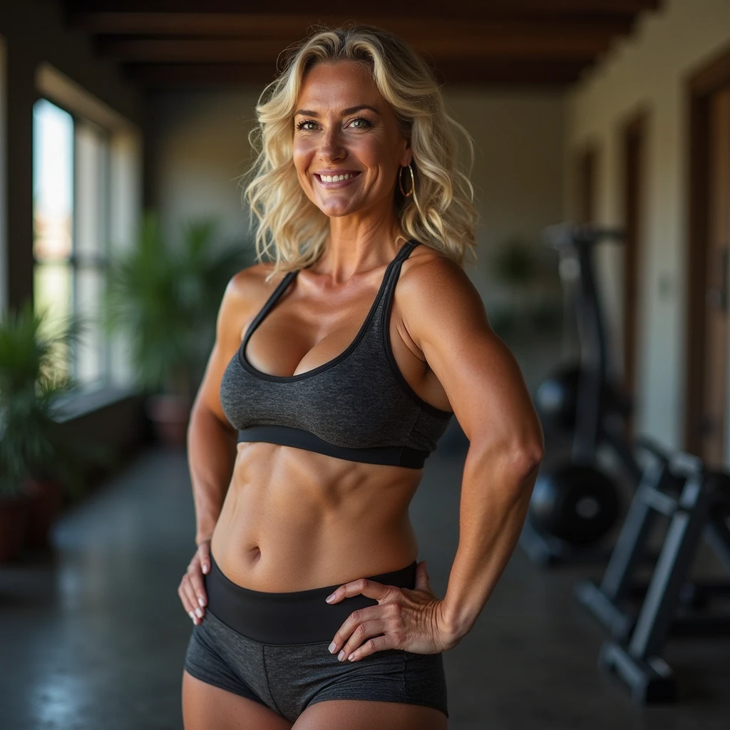 Old 65 year old woman, unbottoned shirt with blue striped bikini bottom, muscular, freckles, big boobs, legs spread, smiling, earrings, bellybutton ring, messy brown hair, at the gym