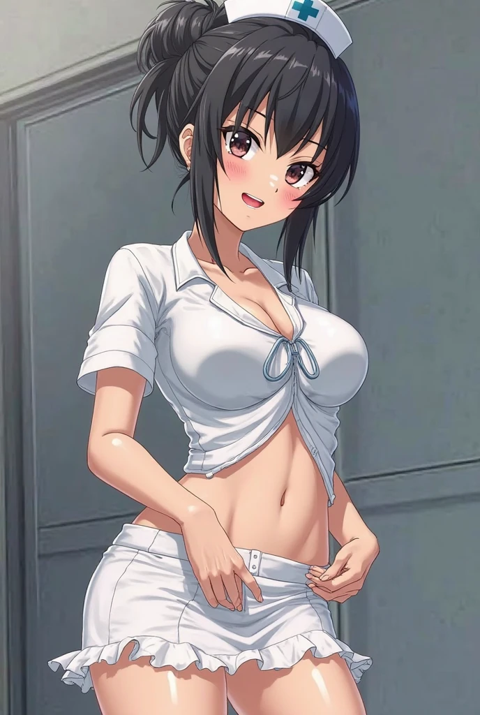 1 hot girl, dark hair, dark grey eyes, grin, gorgeous, kirigaya suguha, short hair, hairclip, sweater dress, sleeveless, bare legs, large breasts, stockings, garter straps