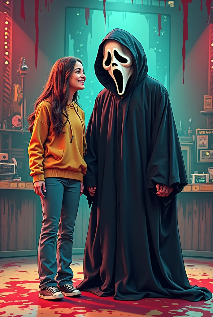 Ghostface from the horror movie scream with female smiling in love on Jerry Springer show cartoon
