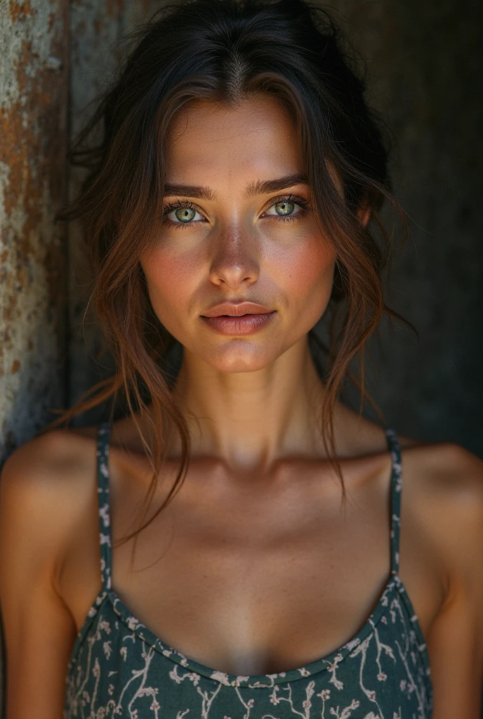 (Photorealism:1.2), an average woman, dirty white tank top, 40 years old, portrait, ponytail haircut, frontal, neutral facial expression, high resolution, 4K, UHD, high detail skin Texturen, no makeup, neutral background