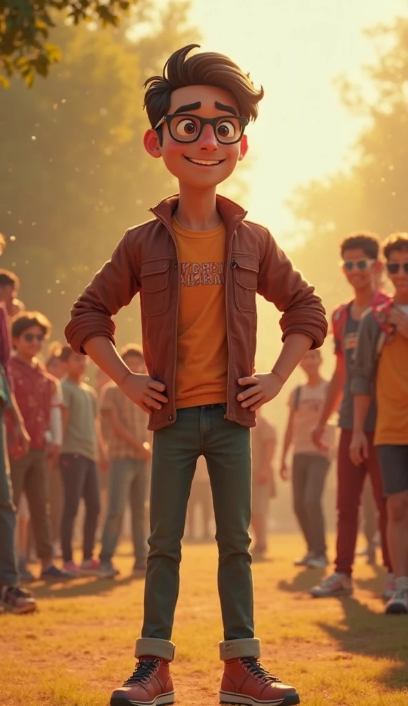 Show me a photo of teenage boy wear a light pink shirt with white bell bottom pant
and brown boot