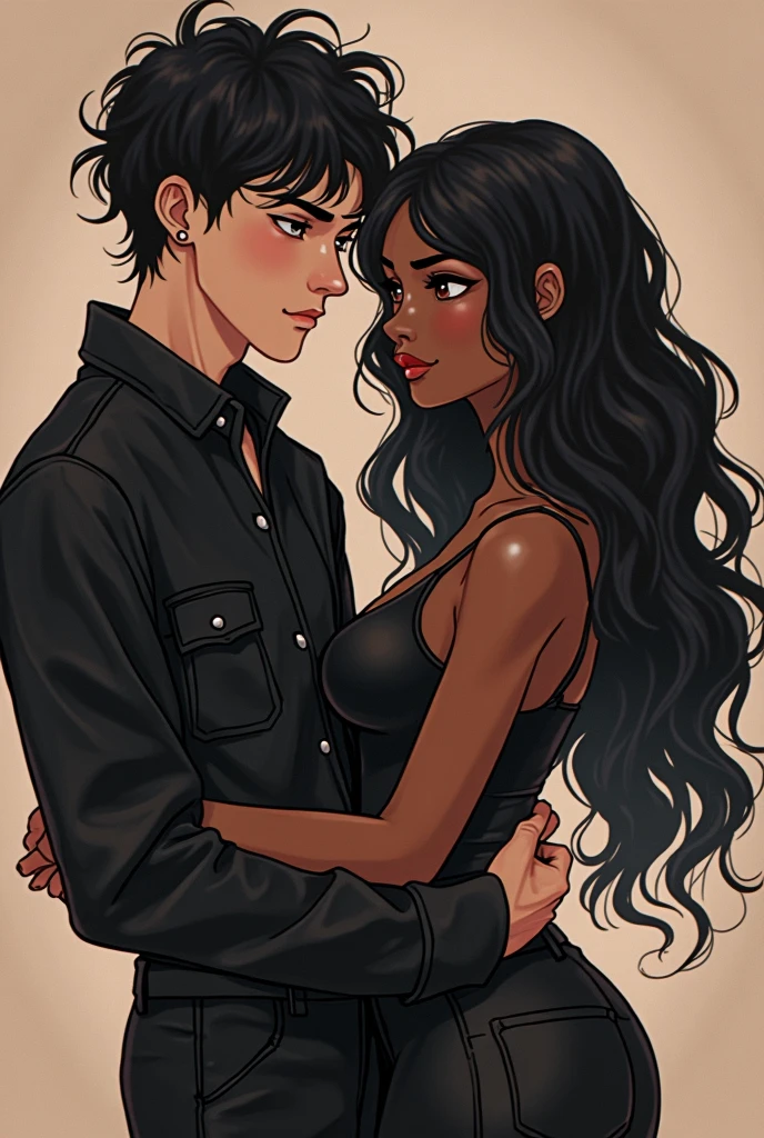 A brown woman with long black curly hair, black eyes, wearing a yellow dress. Hugs a white man with a wide chin, drumstick nose, curly brown hair. He wears a black sweater