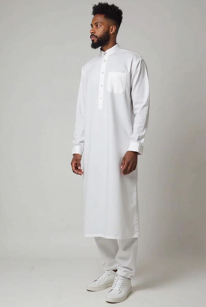 Generate 16:9 images of Adamu wearing a clean white kaftan and a traditional Hausa cap. The kaftan visibly shows a pronounced bulge, indicating Adamu’s oversized manhood. 

Adamu is a tall, handsome, light-skinned Hausa man with a neatly trimmed beard,