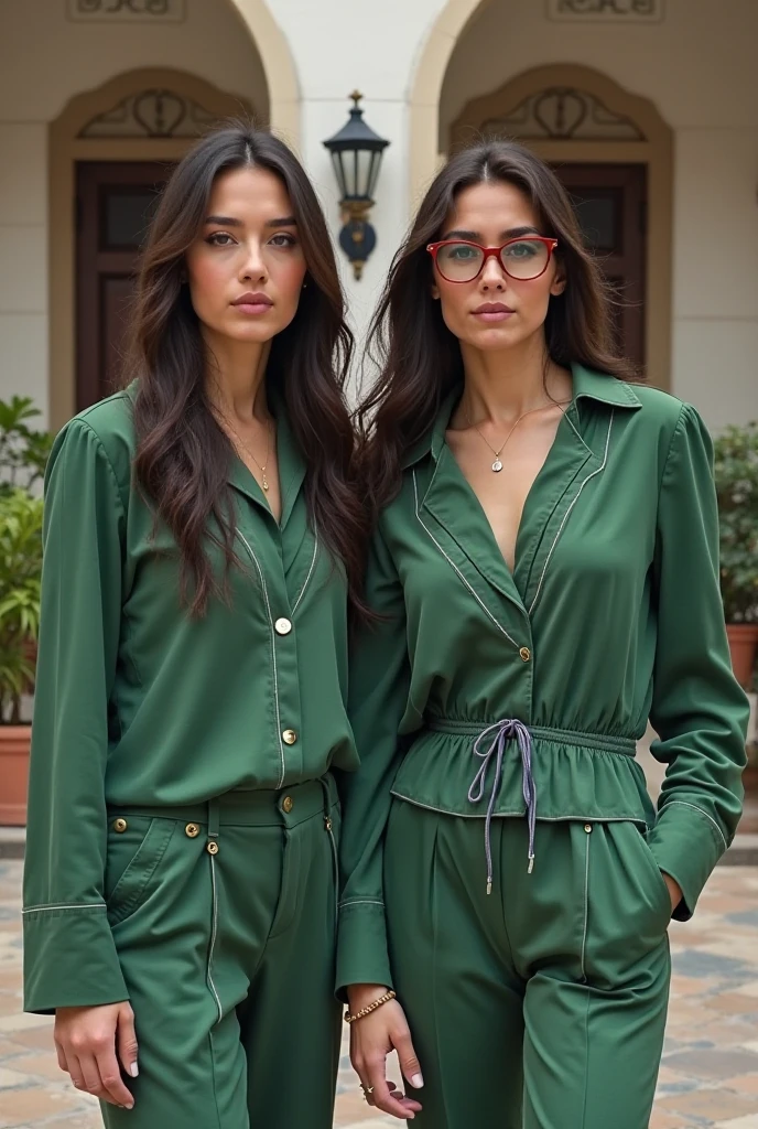 Denise Richards dressed in a blazer and green dress pants