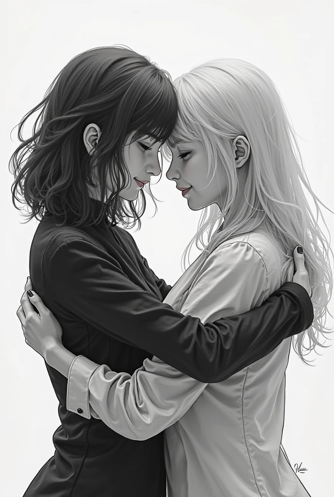 Drawing of a man and woman hugging each other, in Charlie Bowater style, Charlie Bowater and R.Jem, Inspiration from Asaph Hanuka, Charlie Bowater style, wipe, black and white sketch, Inspired by Charlie Bowater, concept art of love, Phil Noto และ Rebecca Guay, black and white