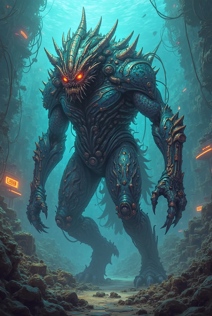 Sophi turner is infected by a Gene Stealer in warhammer 40k ( ragged clothes, 4 large chitinous arms ending in 3 large claws, 4 eyes on the right side of her head, insanely large mouth full of red sharp teeth, long purple tapered tongue, extra powerful legs,skin mottled with ugly chitinous patches, tattered blue uniform of the Astra Militarum), she is poised over a pool of water catching mutant fish in her clawed hands, ruined sci fi gothic city 'Gone Fishing' written in large horror font across top of screen