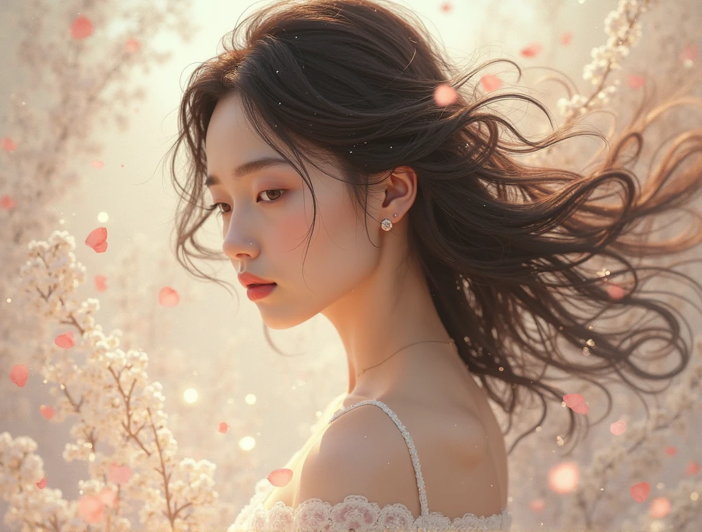 1womanl、Early 20s、(beauitful face:1.5)、Shower with a faint light、Shendin flower、From the overflowing tearbuds、Start smelling one by one、Distant spring、Give me love、And I hear your familiar voice