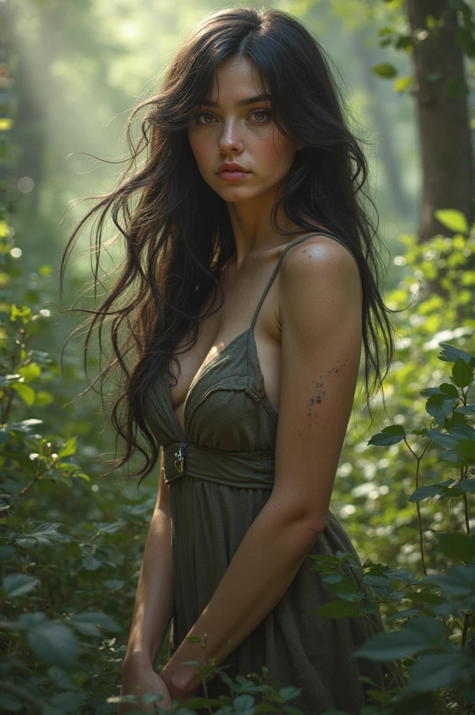 high quality, 8K Ultra HD, hyper-realistic, full body, A charming woman in a forest with a view of an old castle, The woman is portrayed in a moonlit setting, her features bathed in a soft, diffused glow that accentuates the delicate nuances of her expression. The artist, drawing from Sargent's precision, captures every subtle contour of her face, the intricacies of her gaze, and the cascading strands of her hair, In this mysterious ambiance, the artist employs da Vinci's mastery of shadow and light, creating an alluring interplay that accentuates the enigmatic aura surrounding the woman, Shadows dance across her features, enhancing the depth of her gaze and adding a touch of secrecy to the composition, by yukisakura, highly detailed,