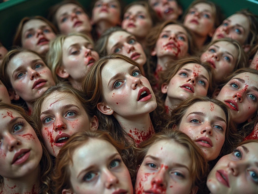 Several decapitated heads of girls, on a table, in a public market, full of blood, ((eyes closed)), bleeding, photorealistic, 4K, Nikon, horror, public market