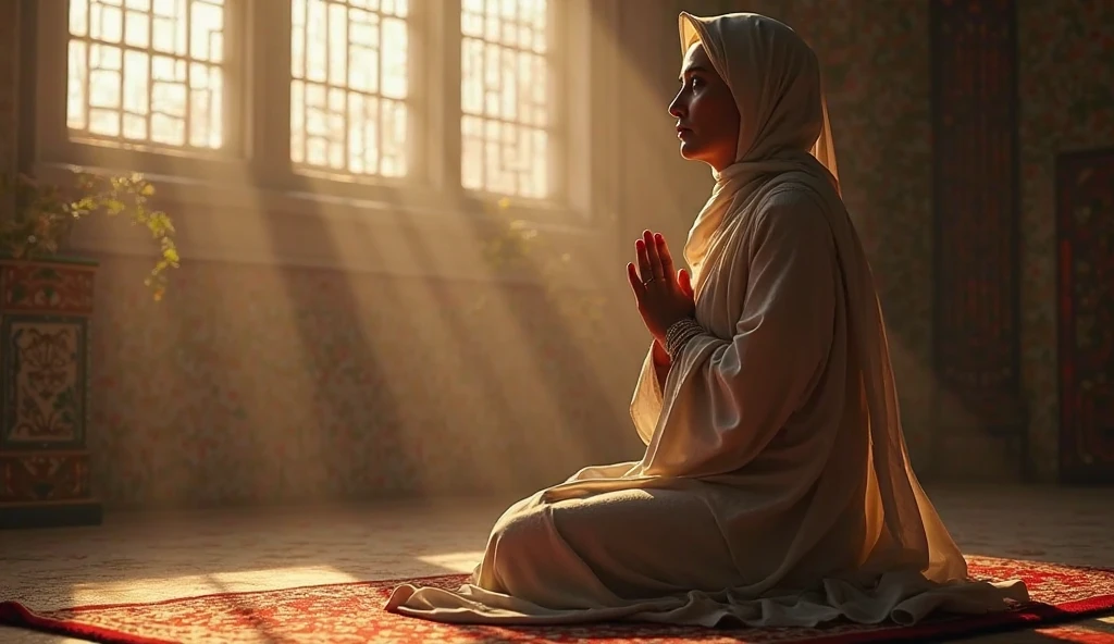 (photorealism:1.2), muslim woman sitting at prayer mate praying in white hijab with happy face and room lighting is rosey pink