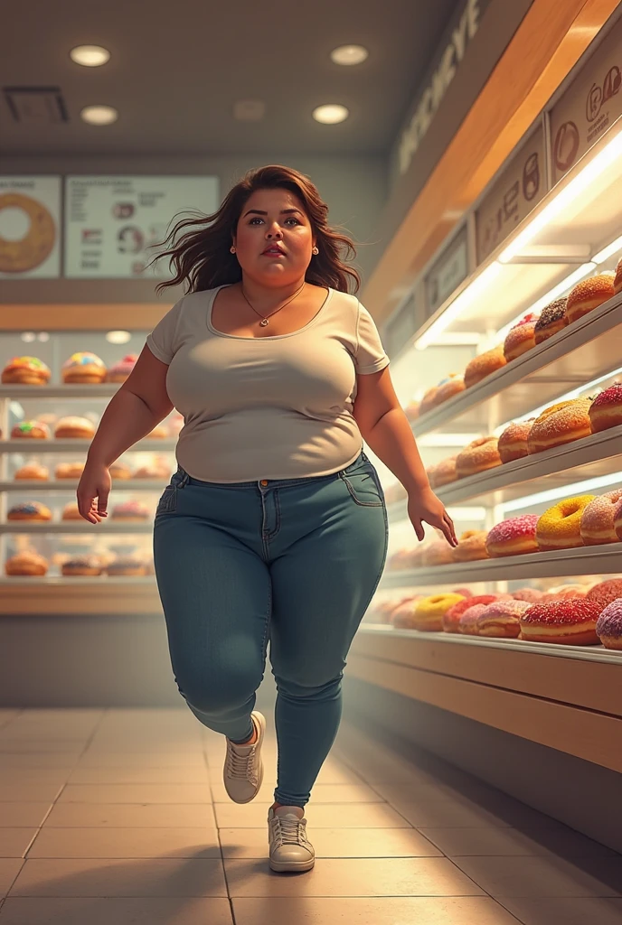 A woman approximately 30 years old, chubby, a little overweight running, tired, while being chased by snacks, pizzas, sweets and fatty foods.