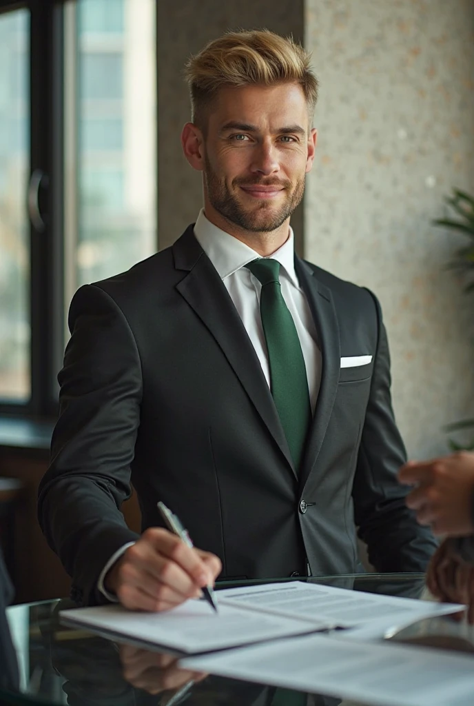 in an elegant office inside a prestigious real estate company. A blonde man stands with his carefully styled golden hair and green eyes that shine with confidence and professionalism.. necklace is wearing a stylish black suit that is in harmony with a shirt Bright white and a dark green tie that reflects the color of his eyes.. The place looks modern and carefully designed, with natural lighting coming from the large glass windows that overlook the city.
next to him. A satisfied customer sits down after the signing The successful. The blonde man puts the pen he used to explain the final details of the deal on the glass table in front of them and then extends his hand towards the client with a strong and confident handshake, saying in a calm but firm voice: "I'm happy that we were able to achieve this deal successfully. We will make sure that the whole experience is smooth and comfortable for you."
The customer replies with a big smile and says: "Thank you for your professionalism and patience in explaining all the details.. I was very professional all the time.."
while the blonde man arranges the paperwork and closes the contract file, adding: "We're always here to support you.. If you need any questions or future assistance, feel free to contact." then he gets up to deliver the customer to the office door, where they exchange friendly words.
after the client leaves, the blonde man returns to his office, to sit down for a moment and raise his eyes towards the ceiling while smiling to himself, aware that he had made a deal others successfully, strengthening his reputation as one of the best real estate brokers in the company.