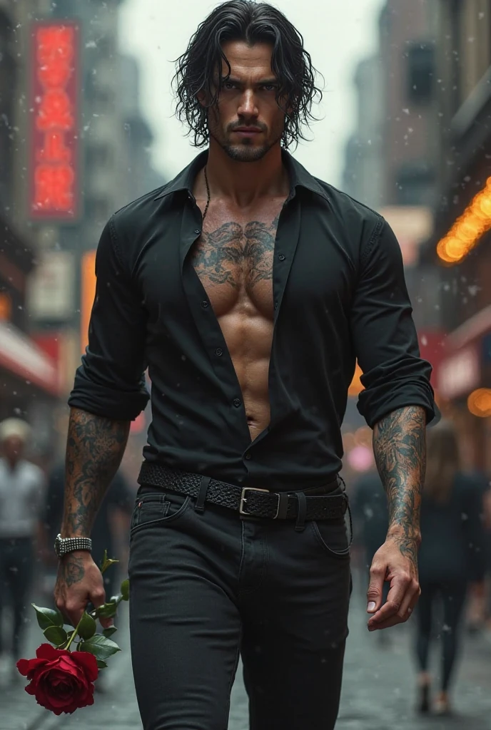 a man who is extremely buff and muscular so much so that all his clothes are skin tight, has a well-built-toned body, scars, shaggy jet-black hair, deep blue eyes, a long stubble on his jaw, a perfect natural tan, and butterfly tattoo in the center of his chest wearing a suit