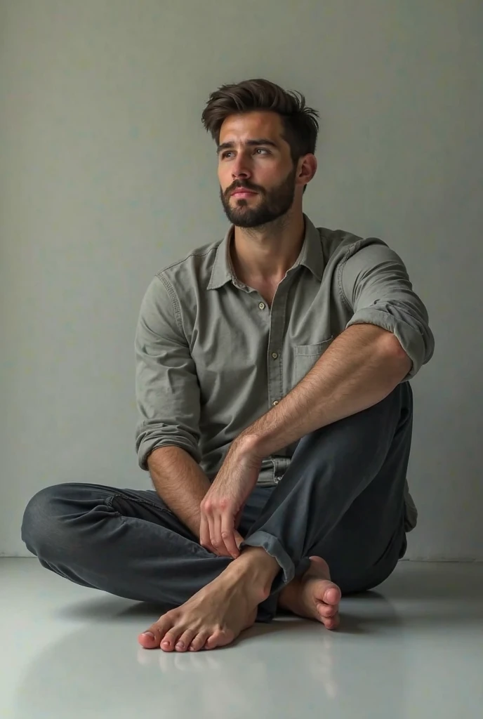 A fully naked brunette man with curly hair and big cock sits with his hairy legs stretched out, taking a realistic photo