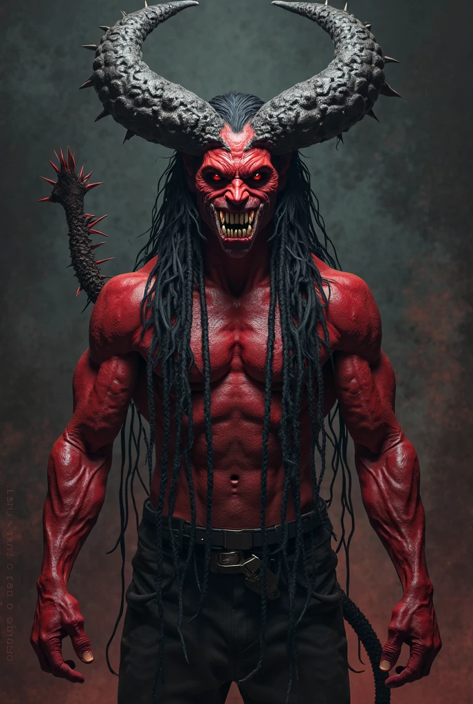 Long tied black hair,man, with out wearing shirts, showing medium body physic, wearing a black demon helmet 