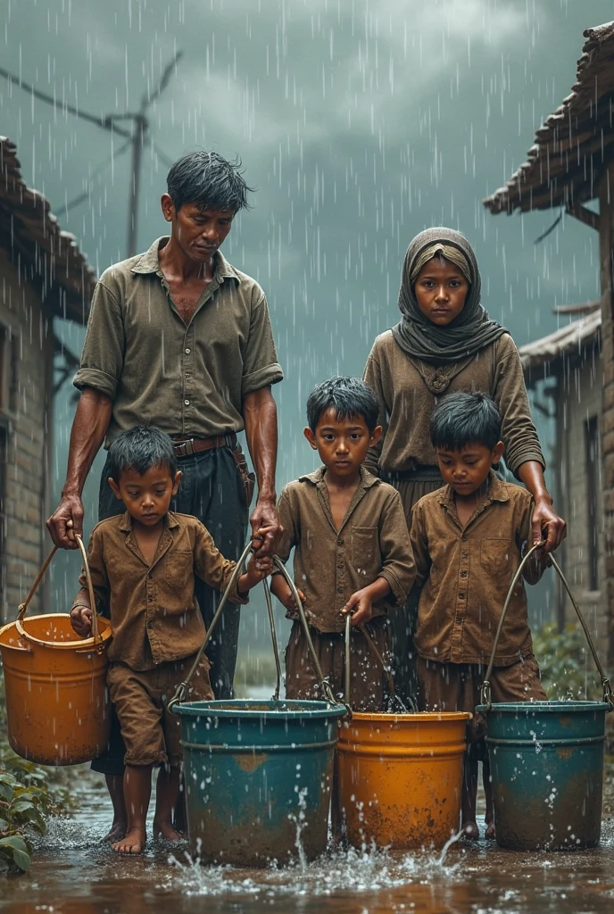 An ashian poor father saving his children from flood. Make a symbolic image for painting