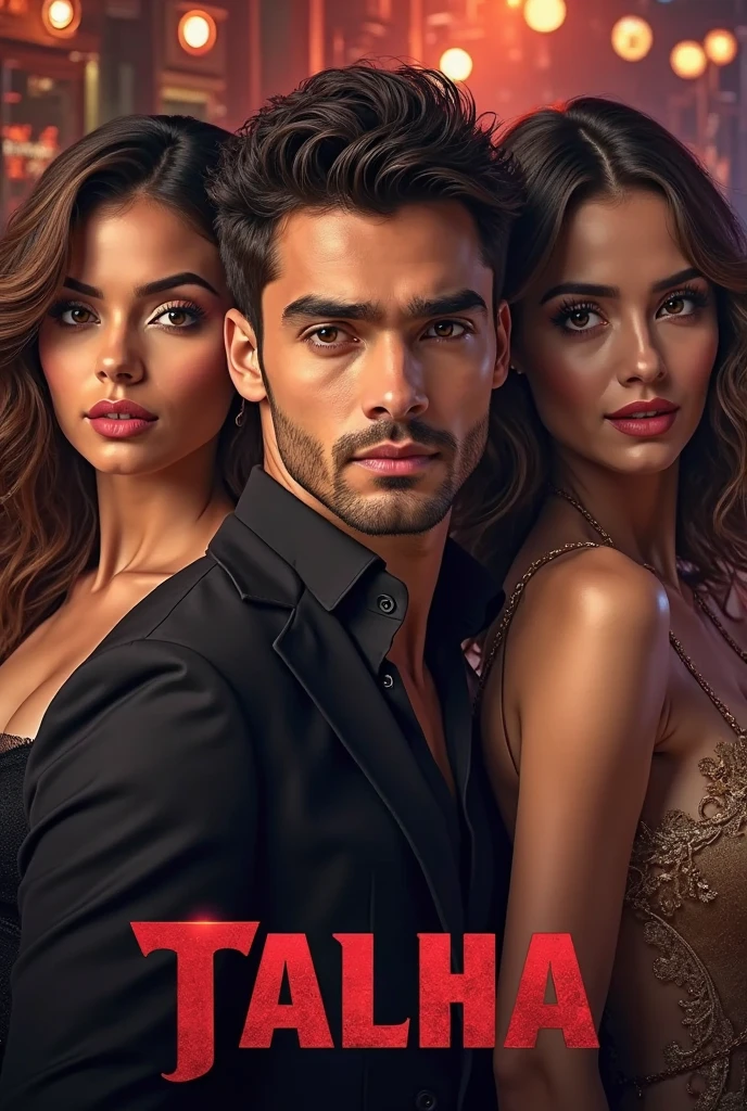 smiling man, powerful and rich sitting on a luxury sofa, surrounded by beautiful women by your side; man in the center and women at his side