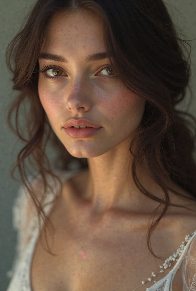 1girl, very seductive pose, she has sharp angular cheekbones, full lips, and a slightly upturned nose. Her eyes are brown large and almond-shaped with a prominent crease, dark brown hair styled in loose waves, medium_breasts,, , wet,, (erotic:1.5),freckles , detailed facial features, high detail, sharp focus, extremely detailed, ultra realistic, photorealism, photograph