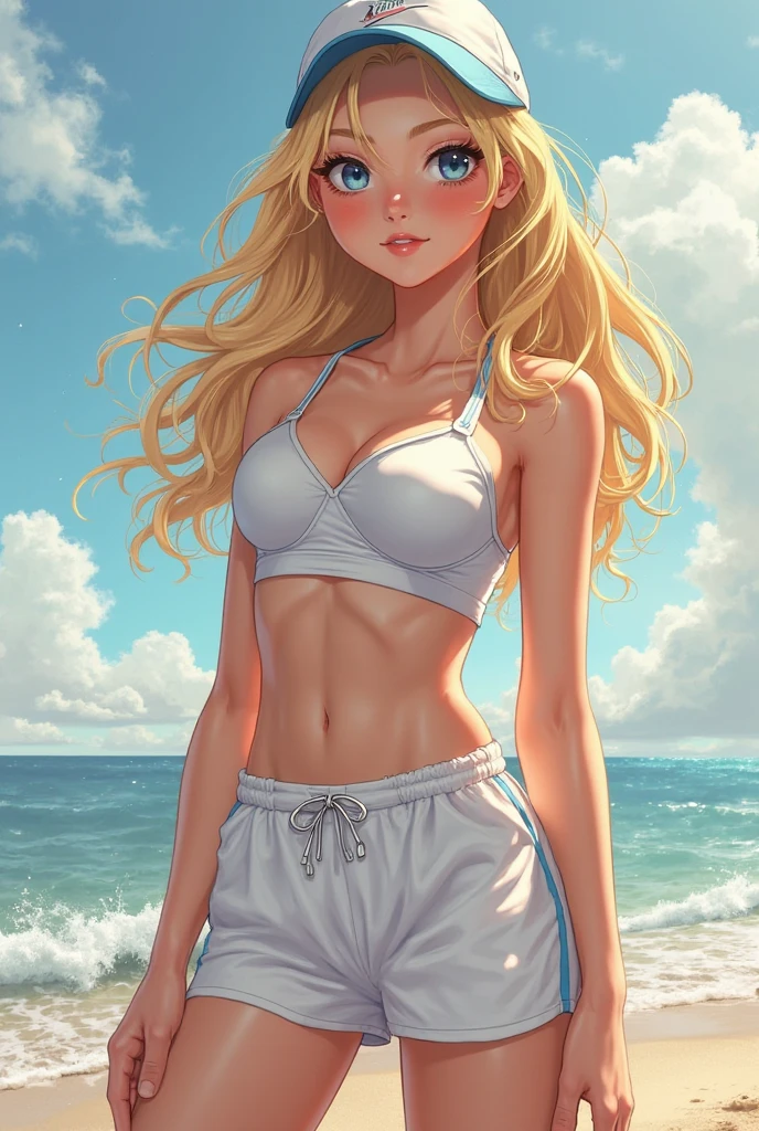1girl, tanned, wet, seductive girl, blonde hair, wearing fishnet pantyhose, denim shorts, plain white tank top, tropical background, sunset, highres, 8k, absurdres, masterpiece, looking at viewer, leaning towards viewer,,detailed hands, detailed eyes, detailed face,full body, elf girl
