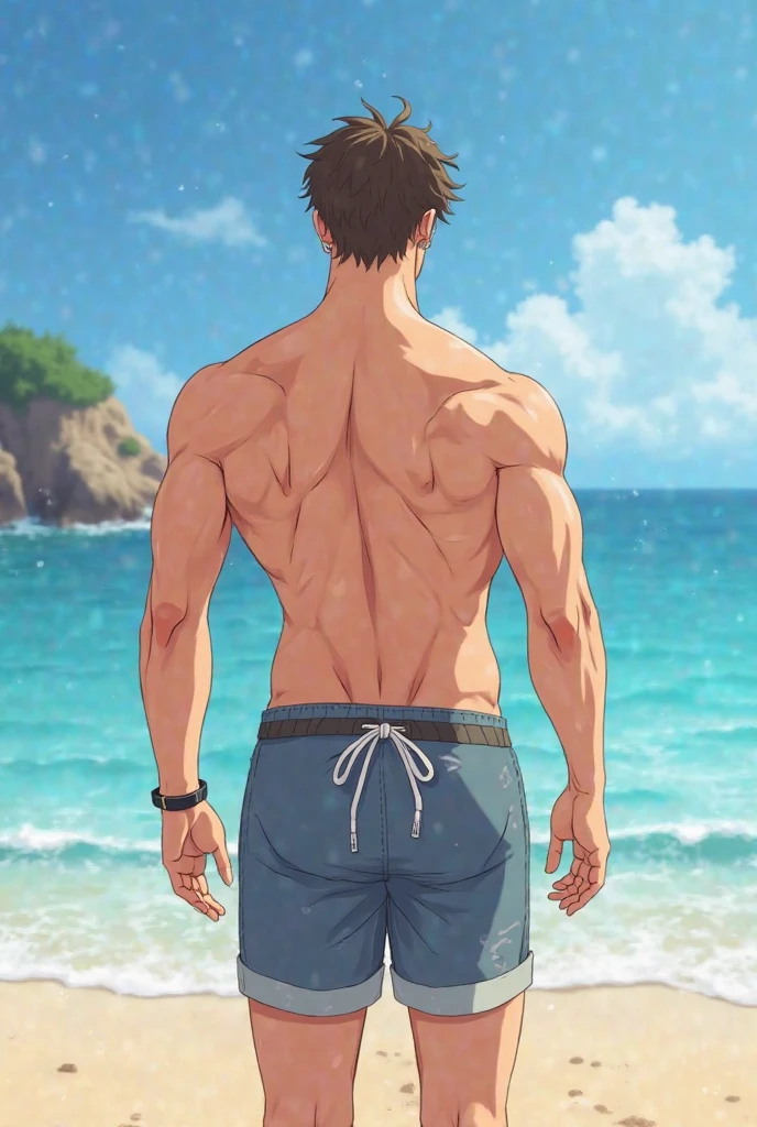 1man, japanese dilf, physical teacher, 40yo, big nose, gray hair, tanned skin, forehead, handsome, masculine, pentagon face, middle-muscular, stocky waist, middle-large eyes, japanese like don johnson, crewcut, builtfat, slighty chubby, BREAK black swim bikini, topless, off shot, male nipples, abs, thigh, fullbody, solo, looking side, soft smile, sexy posing, seaside, from side, detailed back ground, visual novel, 2000s, extreme all detailed, masterpiece, best quality